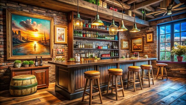 Rustic Bar with Vintage Charm and Well-Stocked Shelves