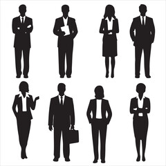 set of vector men and a women, a group of standing business people silhouette