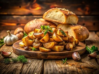 Rustic Double Exposure: Fried Potatoes, Mushrooms & Bread on Wooden Table