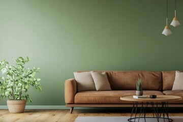 Brown leather sofa, green wall, coffee table, plant, minimalist living room interior.