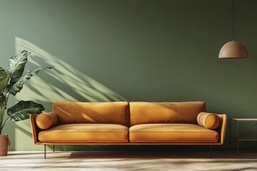 Mustard yellow sofa against a sage green wall with sunlight and plant.