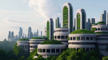 Obraz premium Futuristic Cityscape with Green Architecture Surrounded by Nature