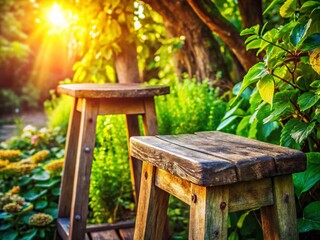 Rustic Wooden Stool & Table in Garden Macro Photography
