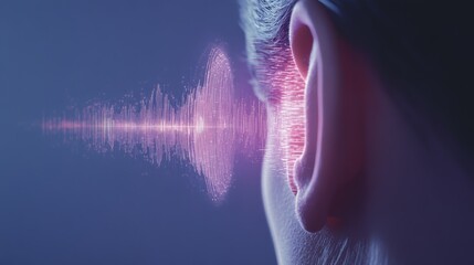 Digital sound wave visualized as particles and energy traveling towards a human ear, representing the process of hearing, auditory perception, and the transmission of sound