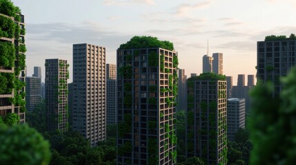 Obraz premium Urban Greenery and Sustainability in Modern Cityscape at Sunset
