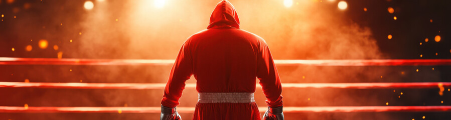 boxer in red hooded robe stands confidently in ring, ready for match. atmosphere is charged with excitement and anticipation, illuminated by bright lights