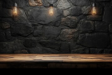 Dark rustic wooden table against a stone wall with hanging Edison bulbs.