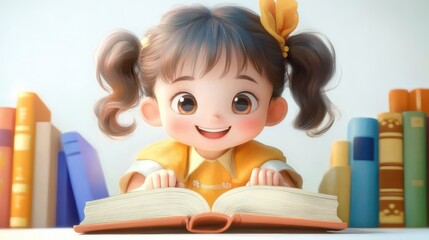 Chinese little girl reading and learning in the library