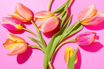 Fototapeta premium beautiful tulips scattered pattern on a pink background, flat lay spring festive background or greeting