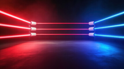 boxing ring illuminated with red and blue lights, creating dramatic atmosphere. vibrant colors enhance intensity of scene, perfect for sports events or promotions
