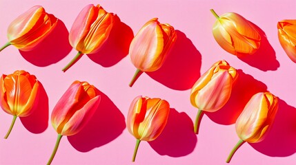 Fototapeta premium beautiful tulips scattered pattern on a pink background, flat lay spring festive background or greeting