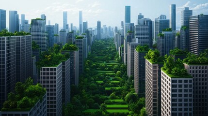 Obraz premium Green Urban Landscape with Skyscrapers and Lush Vegetation