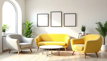 Fototapeta premium Interior Mockup Showcasing a Living Room Wall Poster in a Frame, Highlighting Modern Design and a House Background