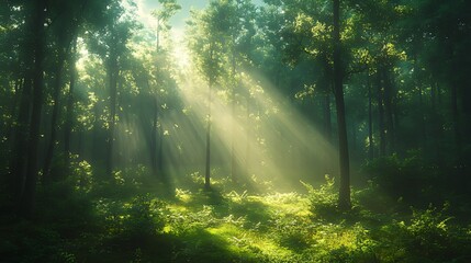 Sunbeams illuminate a misty green forest, creating a magical atmosphere.