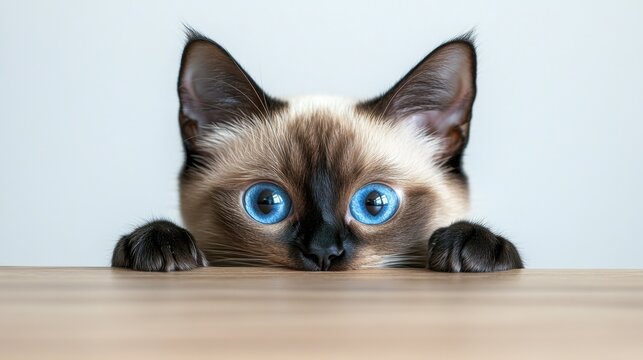 mese cat peeking over a table, against a white background
