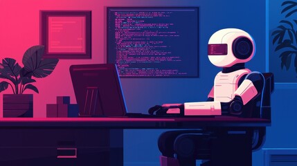 Robot Programmer Working at Desk with Computer and Code Display