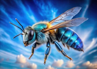 A breathtaking wildlife photo showcasing a blue-tailed bee's flight, set against a vast, high-resolution blue sky.