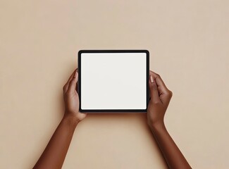Woman's hands holding a blank tablet with a white screen on a beige background, top view. Mockup for design. Flat lay. An A4 size mock-up template
