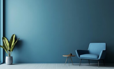 Fototapeta premium Blue wall, armchair, side table, plant, minimalist interior.