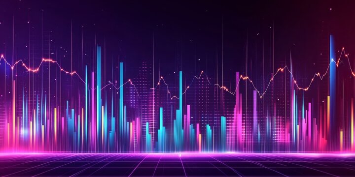 Vibrant Financial Data Visualization, Column Charts Line Graphs, Tech Background, Illustration