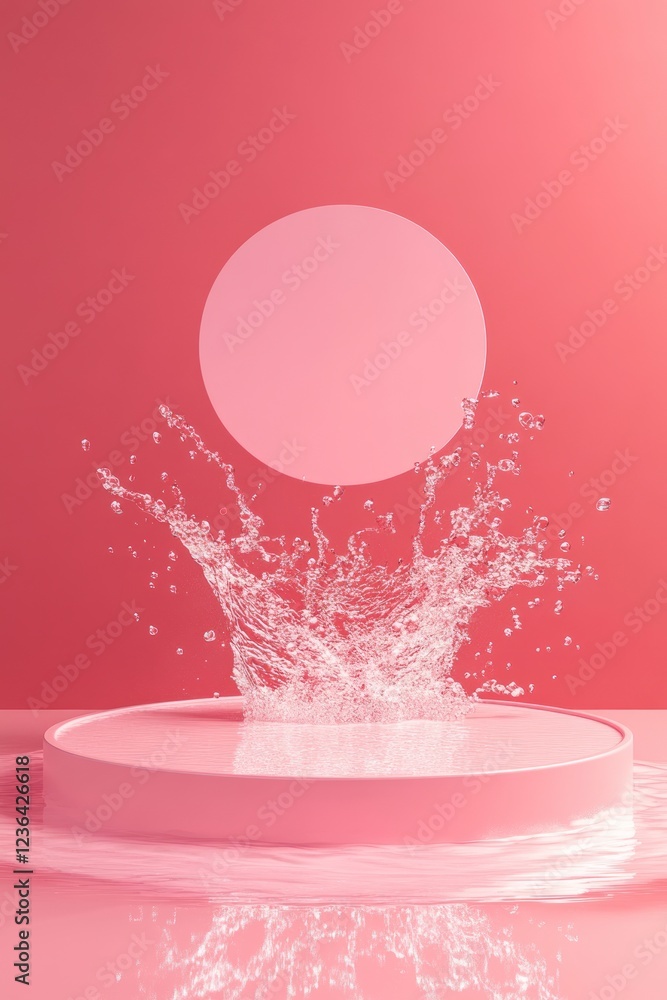 Poster a pink circular podium with water splashing on it, creating an artistic display of light red and dar