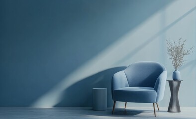 Blue armchair, side table, and dried flowers in a sunlit minimalist room.