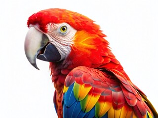 Fototapeta premium Scarlet Macaw Parrot Bird Isolated on White Background - Drone Photography