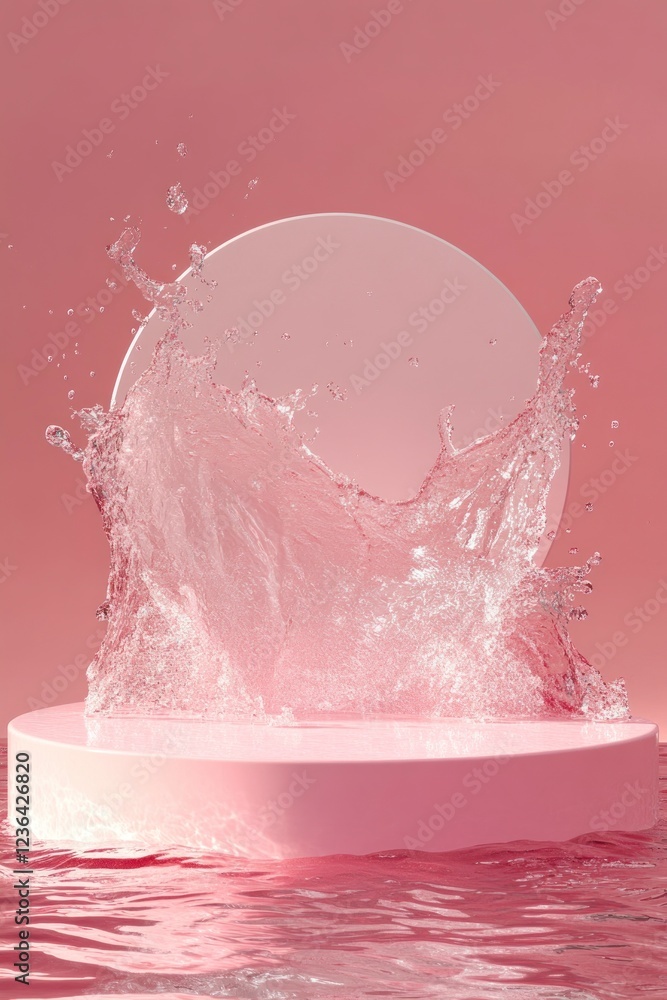 Poster a pink circular podium with water splashing on it, creating an artistic display of light red and dar