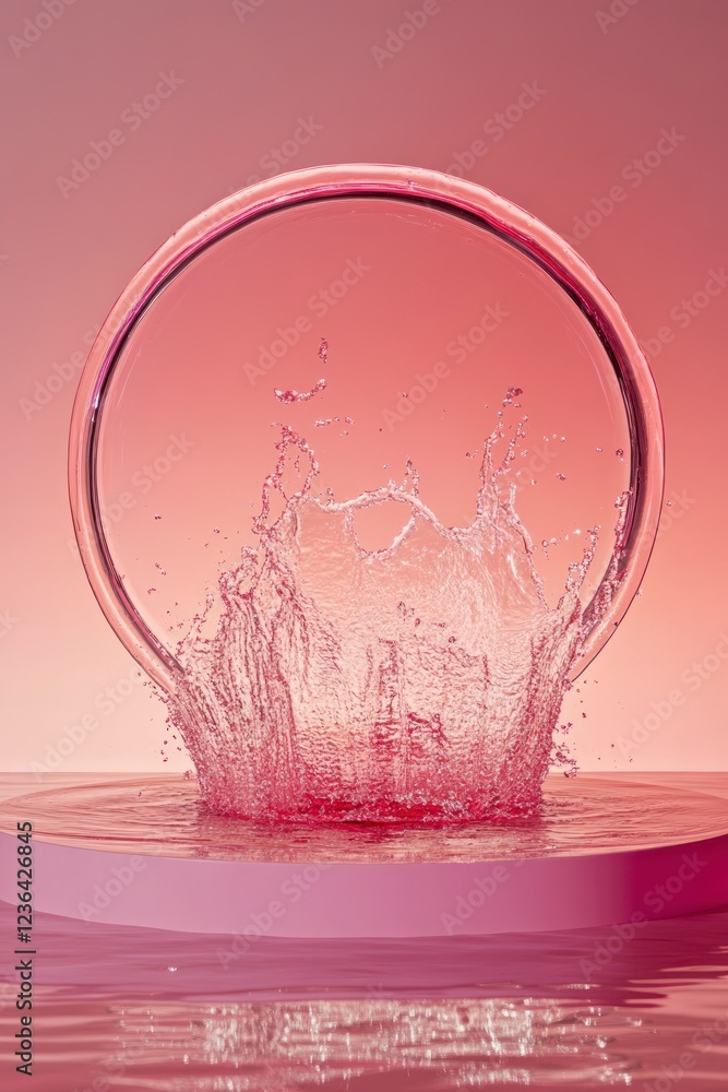 Poster a pink circular podium with water splashing on it, creating an artistic display of light red and dar