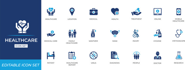 Healthcare icon set featuring medical tools, patient, prescription, stethoscope, signs, cardiology, dental, dentist, help, management, diagnosis, heartbeat, and health support elements.