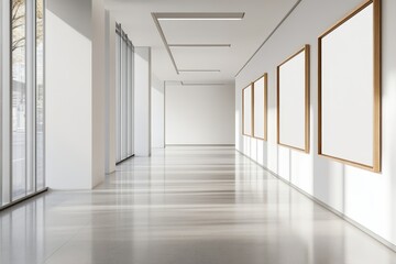 Sunlit modern gallery hallway with blank frames.