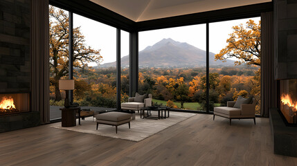 Fototapeta premium Autumn mountain view from modern living room