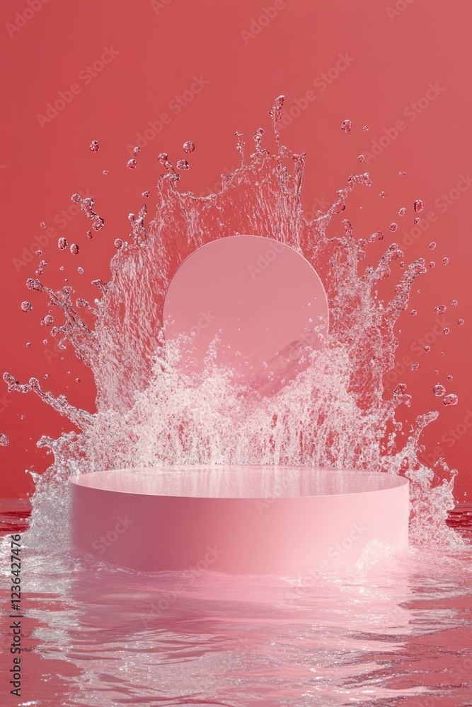 Poster a pink circular podium with water splashing on it, creating an artistic display of light red and dar