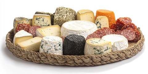 Cheese assortment in a wicker basket, featuring various types of cheese and cured meats.