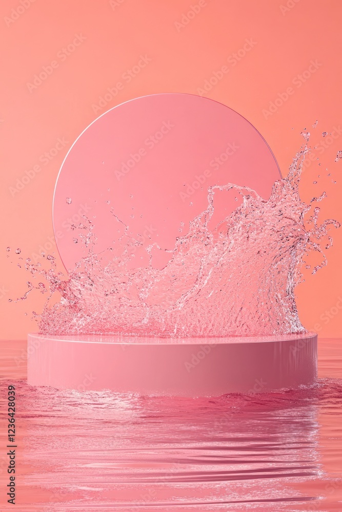 Poster a pink circular podium with water splashing on it, creating an artistic display of light red and dar