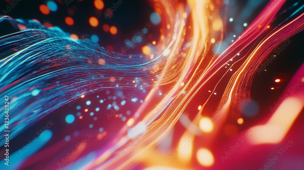 Poster abstract flowing energy lines with bright light points on a dark background
