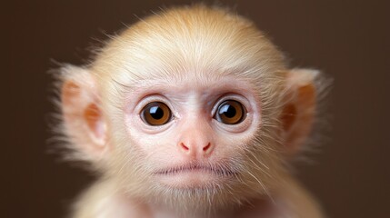 Adorable baby monkey portrait, closeup, brown background, wildlife