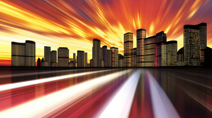 Obraz premium vibrant city skyline at sunset with glowing skyscrapers and dynamic light trails creating futuristic and energetic atmosphere