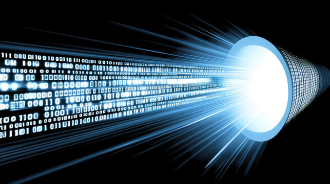 stream of binary code flows through glowing tunnel, symbolizing high speed data transfer and advanced digital communication technology