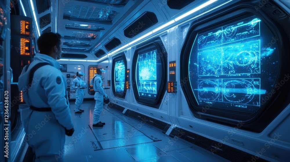 Poster astronauts analyzing data inside a futuristic spacecraft environment