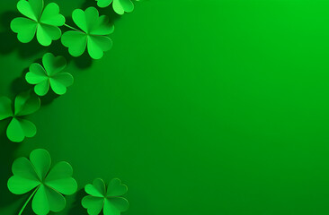 St. Patrick's Day abstract green background decorated with shamrock leaves.