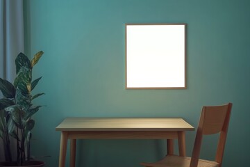 Illuminated blank frame on teal wall above desk and chair.