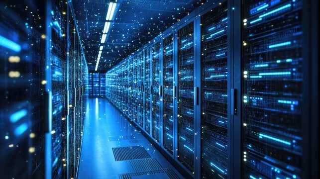 Data center server room, glowing lights, night, network, technology, digital infrastructure, for tech websites