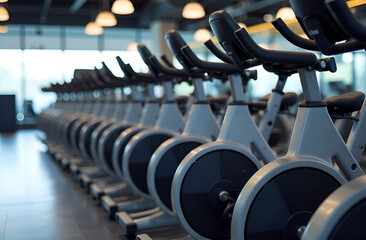 Row of stationary bikes are lined up in a gym. Blurred background, selective focus.