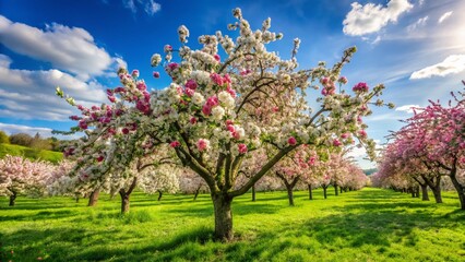 Fototapeta premium Serene Orchard: A Bountiful Apple Tree in Full Bloom