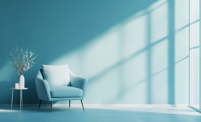 Blue armchair in sunlit minimalist room.
