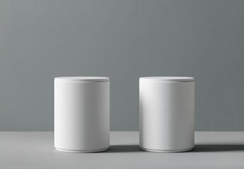 Two blank white cylindrical containers on gray background.