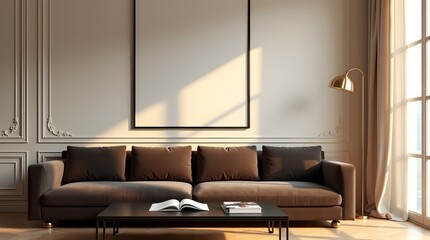 Living Room Wall Poster Mockup in a Modern Frame, Showcasing Contemporary Interior Design with a House Background