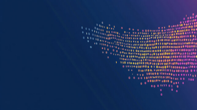 vibrant digital wave of binary code in gradient colors flows across dark blue background, symbolizing data, technology, and innovation