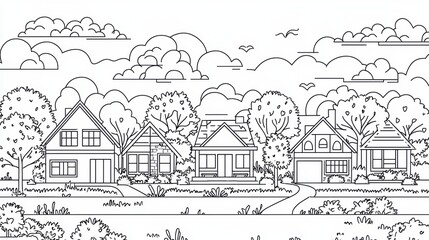 Obraz premium A serene village landscape with houses and trees.